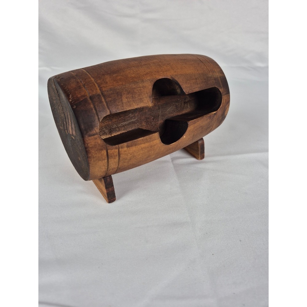 Vintage Hand Carved 1 Piece Wood Cigar Holder Barrel Caddy Tobacciana Rustic‎ 6"